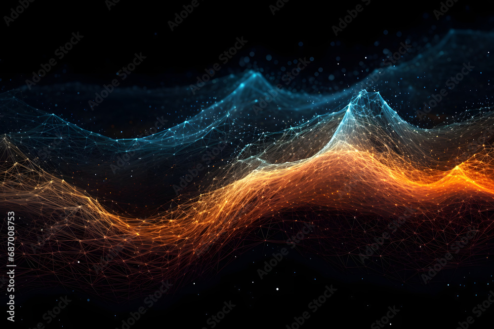 Poster abstract digital network waves and glowing blue and orange particle data on dark background. generat