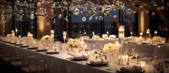 Sophisticated wedding with white tables and twinkling lights.