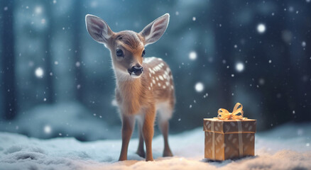 Fawn with Christmas Gift in Snowy Forest