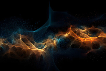 Abstract digital network waves and glowing blue and orange particle data on dark background....
