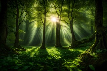 A secluded glade in a dense forest, with sunlight streaming through the leaves to illuminate the vibrant green grass below - obrazy, fototapety, plakaty