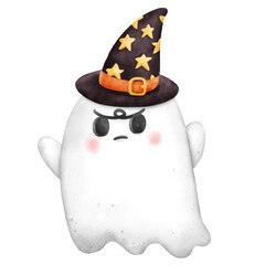 Cute Ghost Cartoon Witch Magic Halloween Watercolor Illustration Clipart