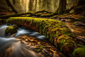 A moss-covered log stretching across a stream, creating a natural bridge in the morning light.