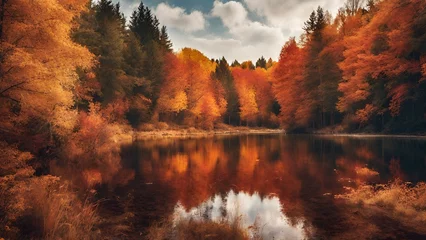 Tuinposter autumn landscape with lake © thiraphon