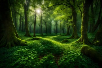 A hidden glade surrounded by dense foliage, the ground covered in a carpet of fresh, vibrant green grass - obrazy, fototapety, plakaty