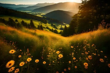 A hillside covered in wildflowers and tall grass, offering a breathtaking view of the surrounding forest and distant mountains