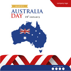 Obraz na płótnie Canvas Elegant Happy Australia Day Greeting Card. Design with Australia Map,Flag, 3D Ribbon and Social Media Spots. Editable Design for Banner,Poster, Advertisement, and Printing Document.