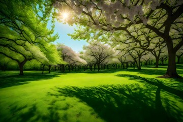 A vibrant springtime scene with blossoming trees and fresh green grass, capturing the essence of nature's renewal
