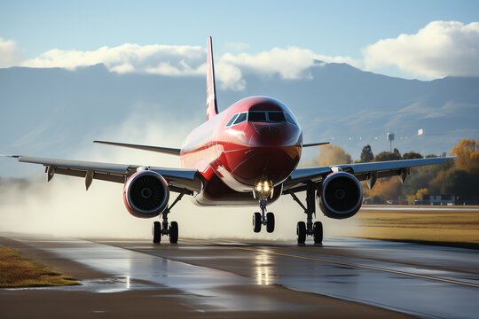 a red airplane on a runway