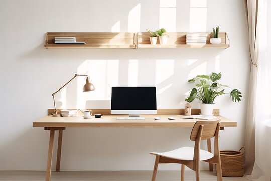 a desk with a computer and a chair