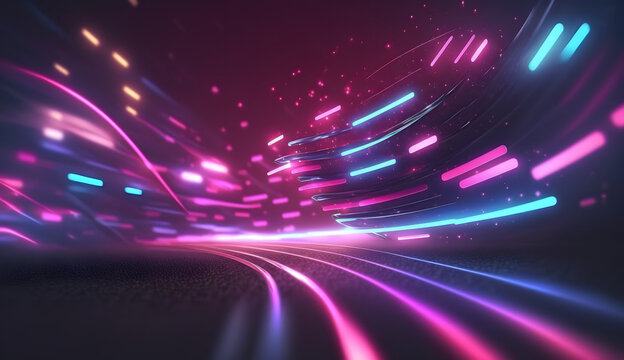 abstract futuristic background with pink blue glowing neon moving high speed wave lines and bokeh lights. Data transfer concept Fantastic wallpaper. Generative Ai.