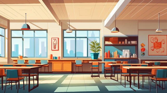 School canteen interior with tables and chairs illustration AI Generated