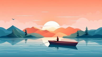 Boat with a man in the river at sunset illustration AI Generated