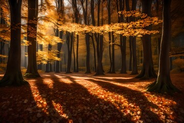 A sunlit glade surrounded by tall trees, with fallen leaves creating a natural carpet.