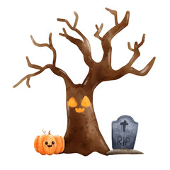 Halloween Spooky Tree with Pumpkin Watercolor Illustration Clipart