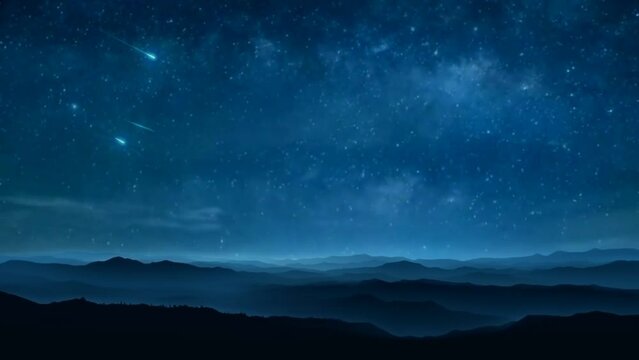 Stars moving across the night sky with silhouetted mountains. seamless looping virtual time lapse video animation background. Generated with AI
