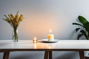 A modern minimalist table with a solitary unlit candle, emphasizing simplicity and elegance. 