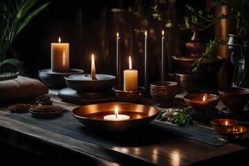 A serene meditation space with a candle on a table, surrounded by incense and peaceful decor.