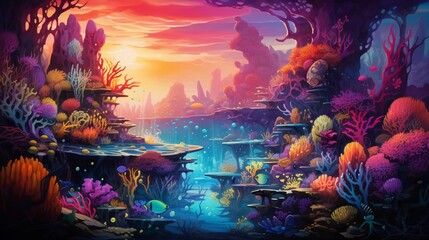 Obraz na płótnie Canvas A surreal and dreamlike underwater world, with colorful corals, exotic fish, and vivid marine life, an enchanting vision beneath the sea.