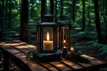 Fototapeta na wymiar A candle burning inside a lantern on a wooden table in the middle of a forest clearing.