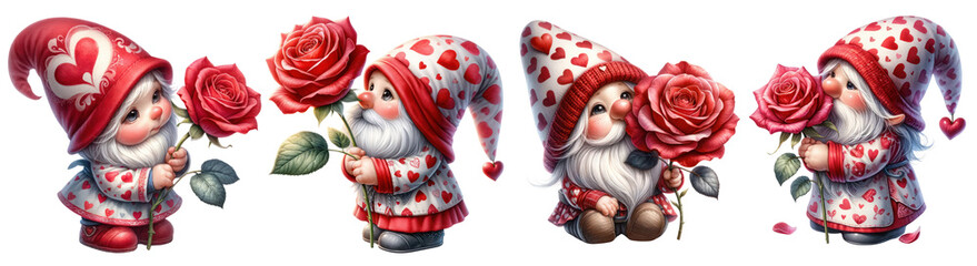 Valentine’s Gnome with Rose illustration cut out transparent isolated on white background ,PNG file