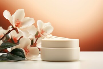 Obraz na płótnie Canvas Cosmetic cream blank jar mock up with white flowers on light pastel background.
