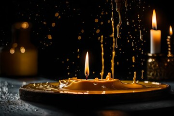  A close-up shot of a melting candle on a table, capturing the intricate details of the wax as it drips. - obrazy, fototapety, plakaty