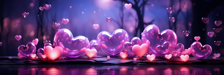 Banner with radiant pink hearts of varying sizes float above a reflective surface. AI Generative - obrazy, fototapety, plakaty