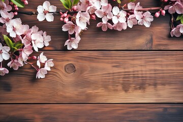 Naklejka na ściany i meble Banner Spring pink flowers on a wooden background. Women's Day or Mother's Day greeting card or spring sale banner. Valentine's day, birthday celebration concept. Flat lay, top view with copy space
