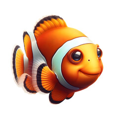 Cute 3d Orange Clown Fish Isolated on transparent Background