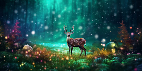 Enchanted Reindeer in a Magic Forest with Glowing Sparkles
