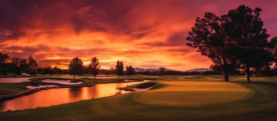 Sunset over the golf course with the sky, orange, purple light