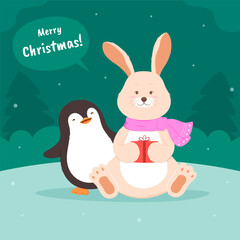 Christmas with Cute Rabbit and Penguin, Merry Christmas