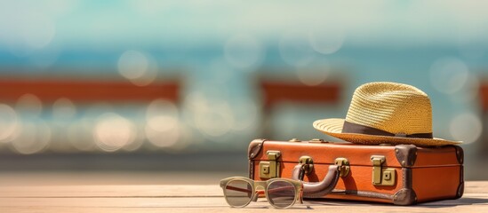 Vintage suitcase, sunglasses and hat on wooden table sea and beach blur background - obrazy, fototapety, plakaty
