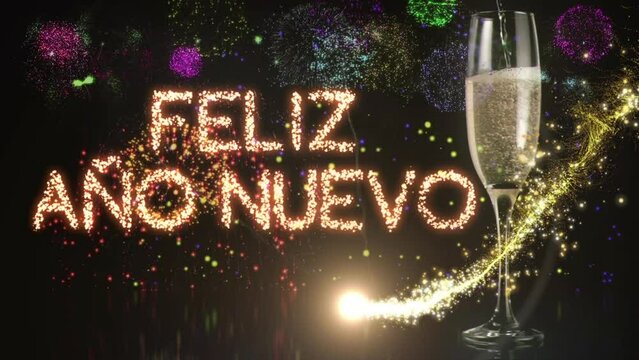 Animation of champagne glass and feliz ano nuevo text banner against fireworks exploding