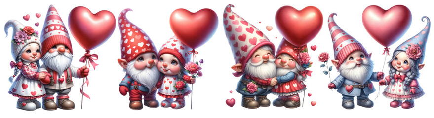 Fototapeta na wymiar Valentine’s Couple Gnomes with Heart Balloon Gnome illustration cut out transparent isolated on white background ,PNG file