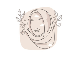 Portrait of a  beauty  girl model wearing hijab. Vector illustration in a modern minimalist style. Elegant outline drawing, fashion sketch.