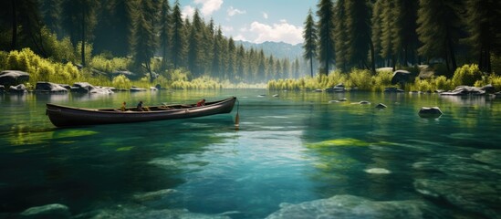 A clear, turquoise river on the edge of a pine forest and several canoes docked - Powered by Adobe