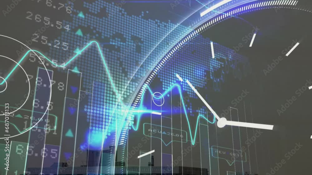 Poster animation of line graph with numbers and clock and map on abstract background