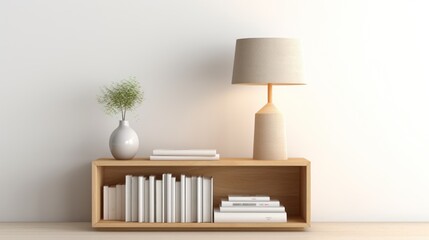 contemporary table lamp stands next to some books on a minimalist wooden sideboard.
