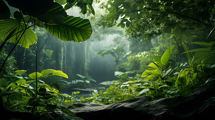A lush tropical forest with a rich diversity of plant life, showcasing an array of different leaf shapes and sizes., Realistic View from Above: Deep Tropical Jungles Teeming with Life, A Gentle Strea
