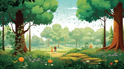 fairy tale wallpaper in a forest or jungle with big trees, colorful leaves and flowers. Children in the forest or forest illustration for cover or horizontal banner design.