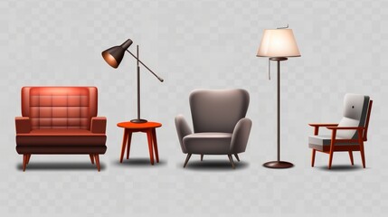 Furniture for home icon set, armchair, sofa, chair, floor lamp. Bedside table.