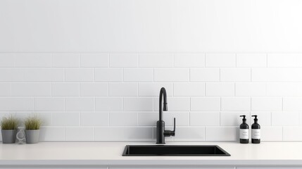 kitchen White ceramic tiles serve as a photocopying area. black kitchen faucet