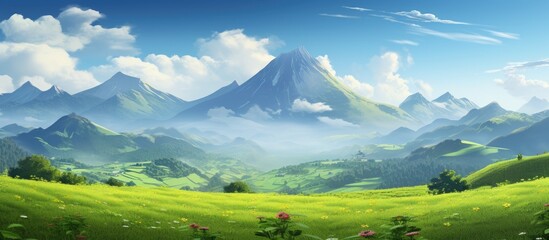 Fototapeta premium Serene field with mountains and plants, perfect for relaxation.