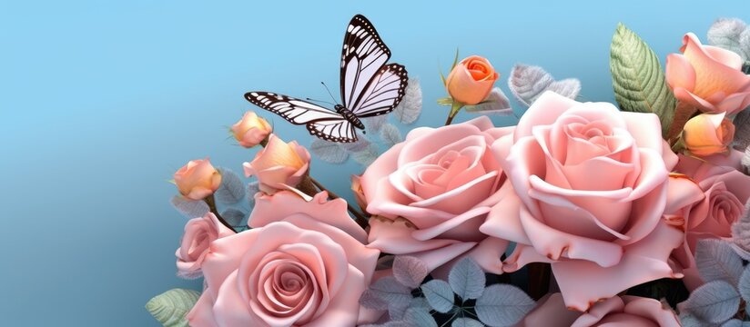 Copy space, illustration of colorful leaves and butterflies on faded blue background roses