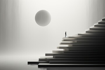 A large staircase from the water to heaven with a silhouette of a man.