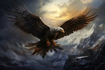 Foto op Canvas An eagle flying against the background of an old castle in the mountains. © kvladimirv
