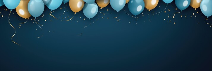 Holiday banner of colorful balloons on blue background.