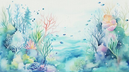 abstract watercolor underwater with coral plant and fish for background template - obrazy, fototapety, plakaty